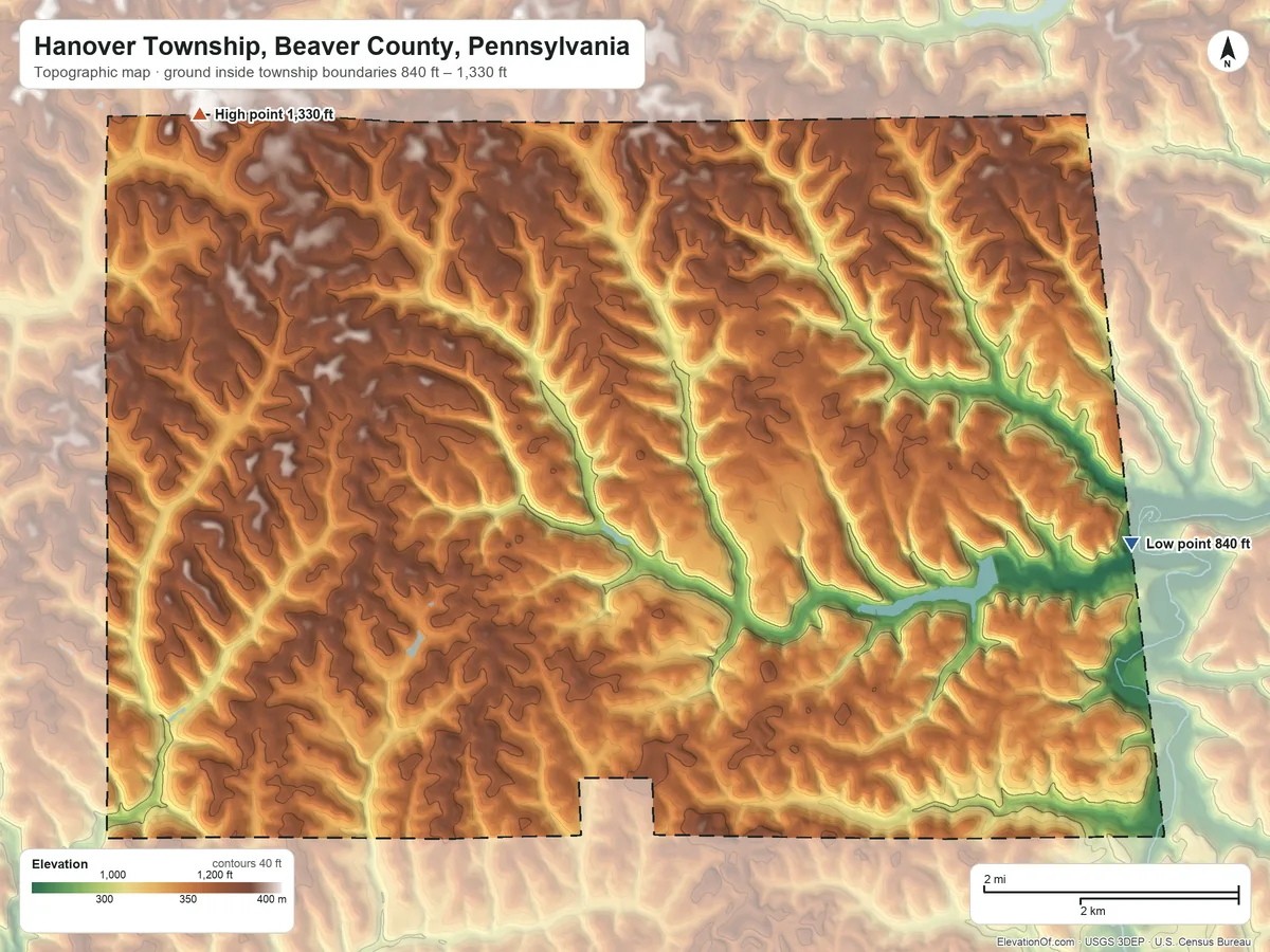 Topographic elevation map of Hanover Township, Beaver County, Pennsylvania, shaded from 840 ft on the east side to 1,330 ft on the northwest side