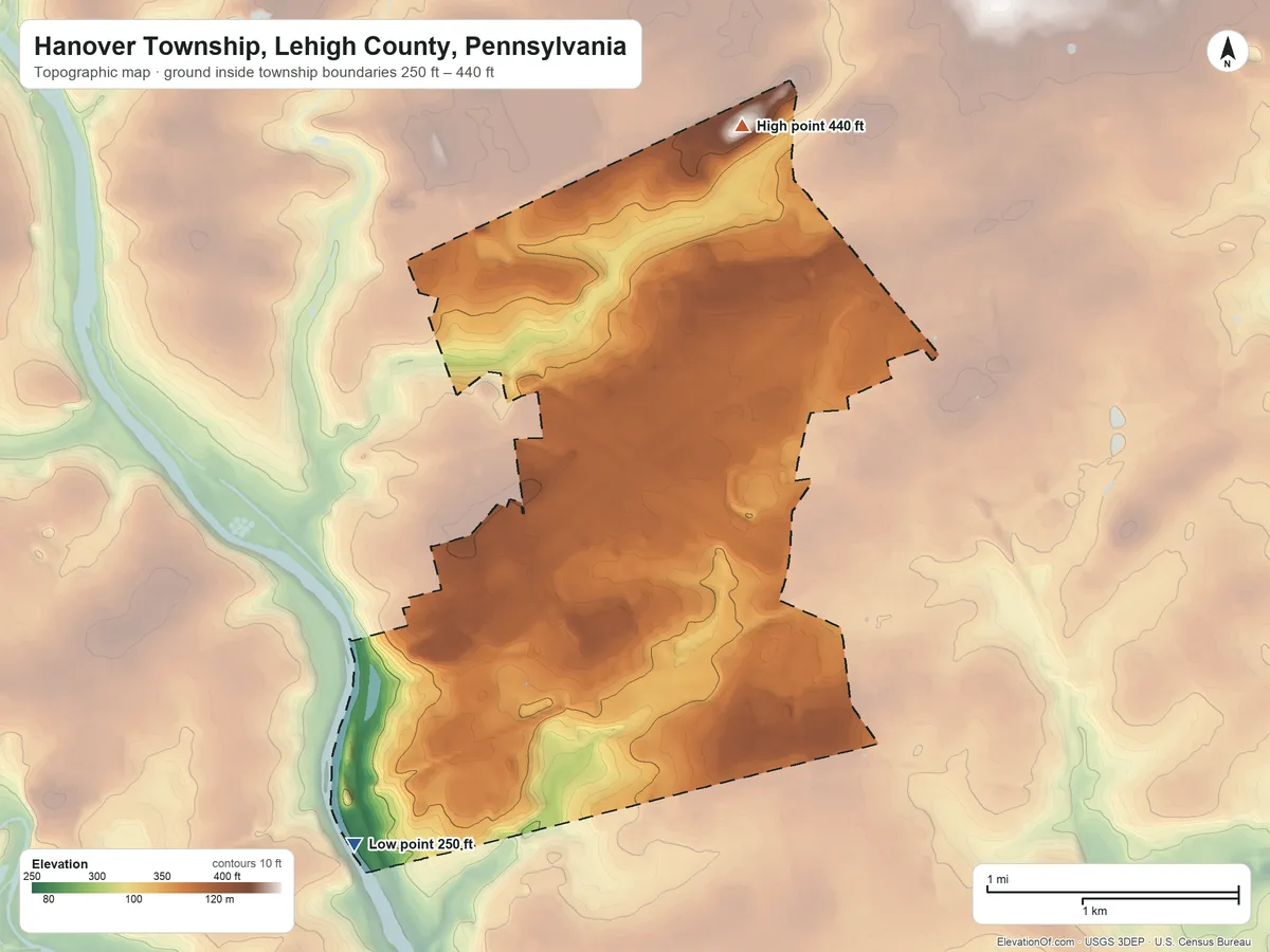 Topographic elevation map of Hanover Township, Lehigh County, Pennsylvania, shaded from 250 ft on the southwest side to 440 ft on the north side