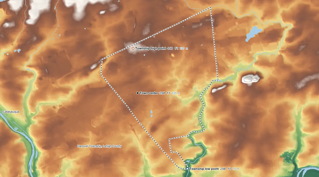 Topographic elevation map of Hanover Township, Northampton County, Pennsylvania, shaded from 240 ft on the southeast side to 440 ft on the north side