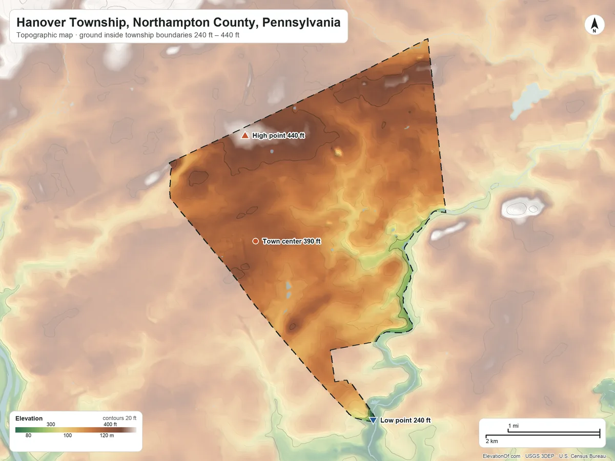 Topographic elevation map of Hanover Township, Northampton County, Pennsylvania, shaded from 240 ft on the southeast side to 440 ft on the north side