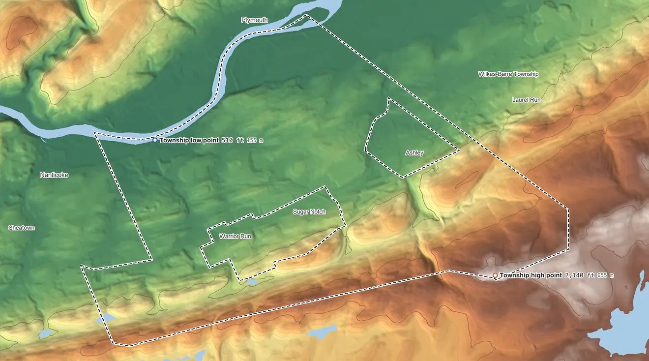 Topographic elevation map of Hanover Township, Pennsylvania, shaded from 510 ft on the west side to 2,140 ft on the southeast side