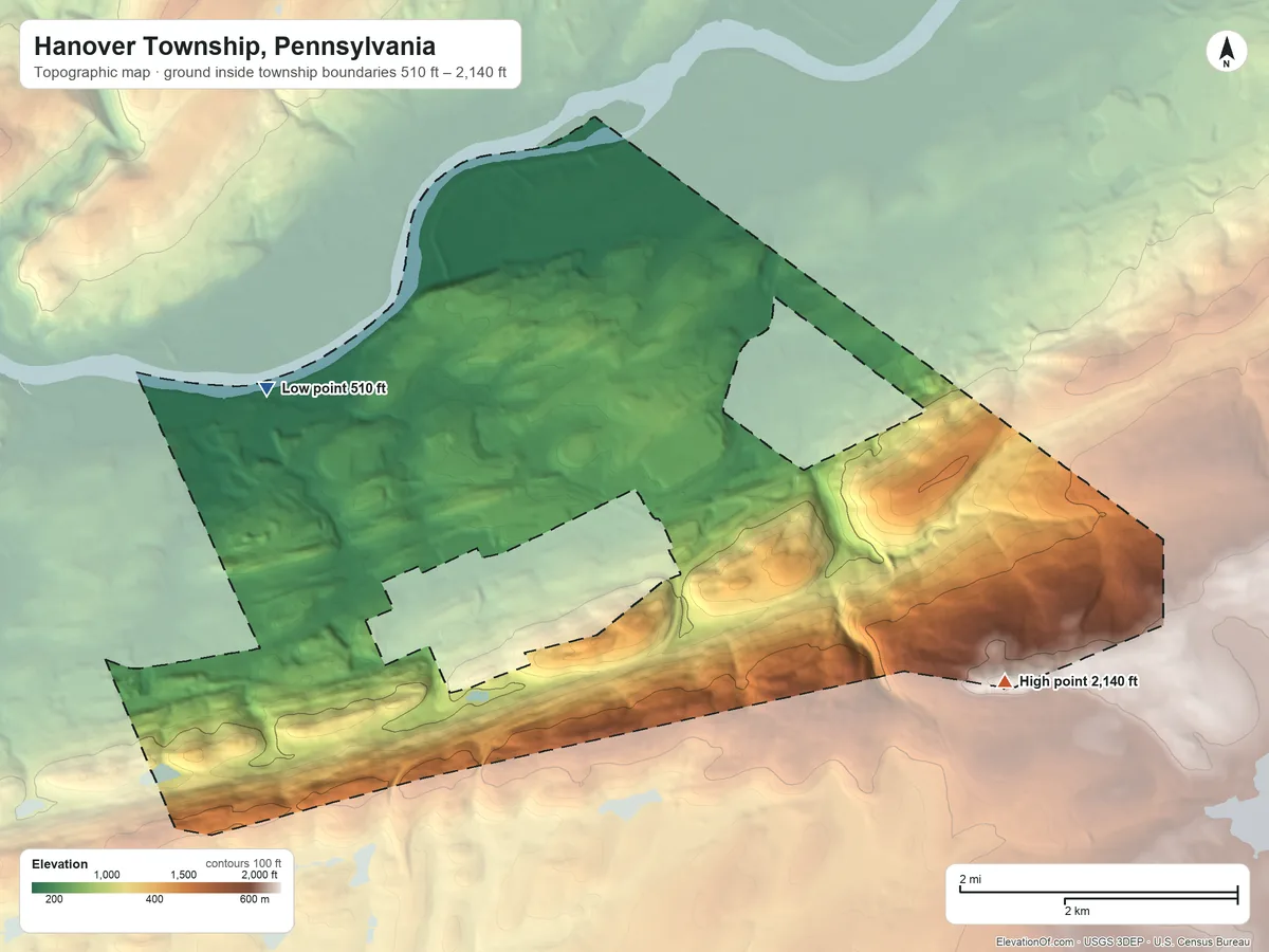 Topographic elevation map of Hanover Township, Pennsylvania, shaded from 510 ft on the west side to 2,140 ft on the southeast side