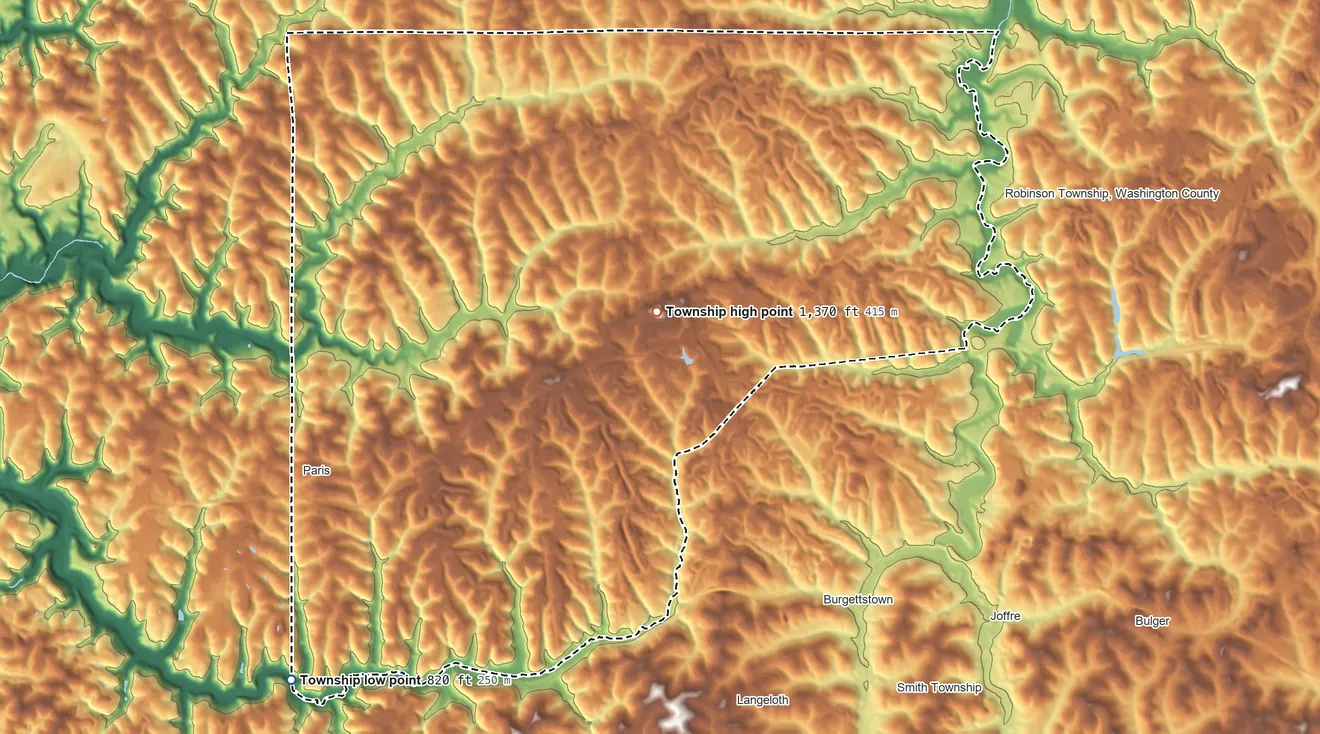 Topographic elevation map of Hanover Township, Washington County, Pennsylvania, shaded from 820 ft on the southwest side to 1,370 ft on the east side