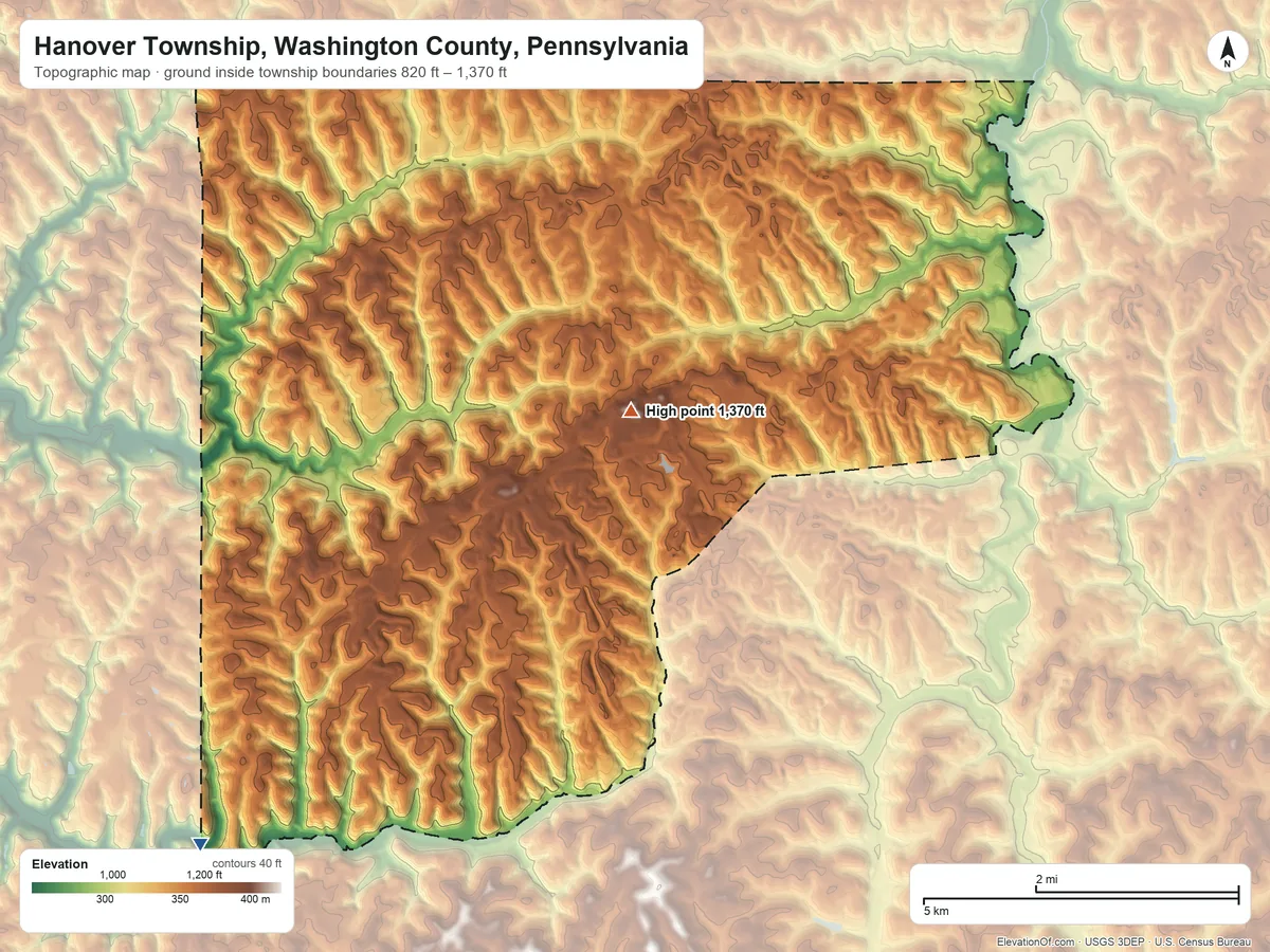 Topographic elevation map of Hanover Township, Washington County, Pennsylvania, shaded from 820 ft on the southwest side to 1,370 ft on the east side