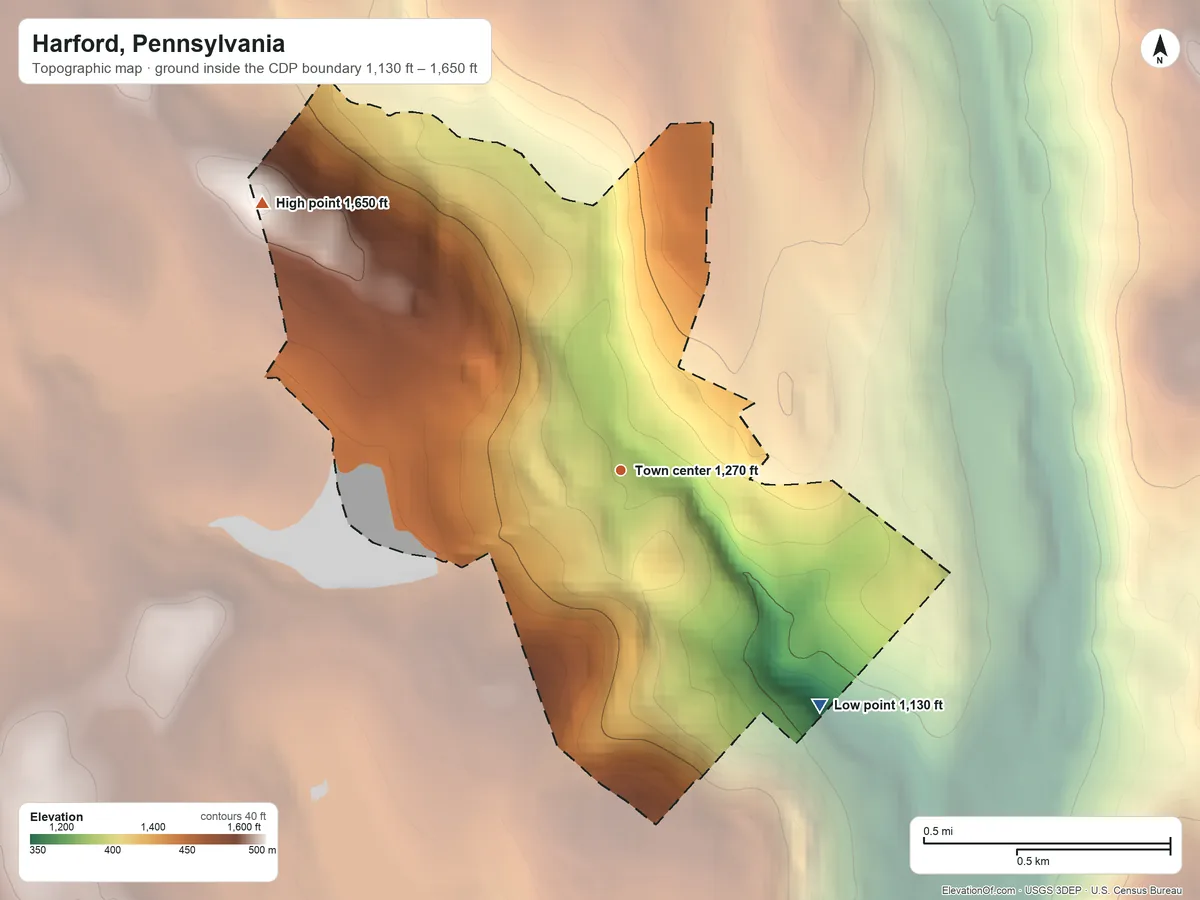 Topographic elevation map of Harford, Pennsylvania, shaded from 1,130 ft on the southeast side to 1,650 ft on the northwest side
