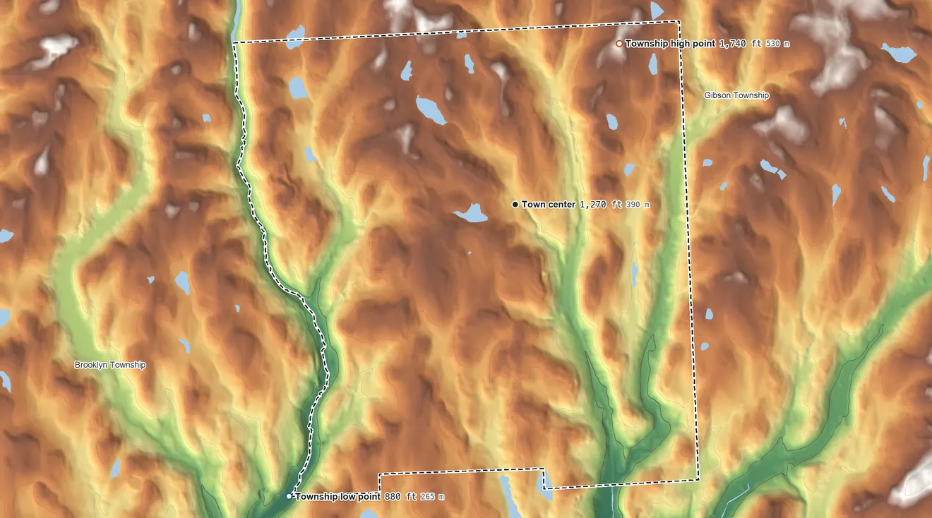 Topographic elevation map of Harford Township, Pennsylvania, shaded from 880 ft on the southwest side to 1,740 ft on the northeast side