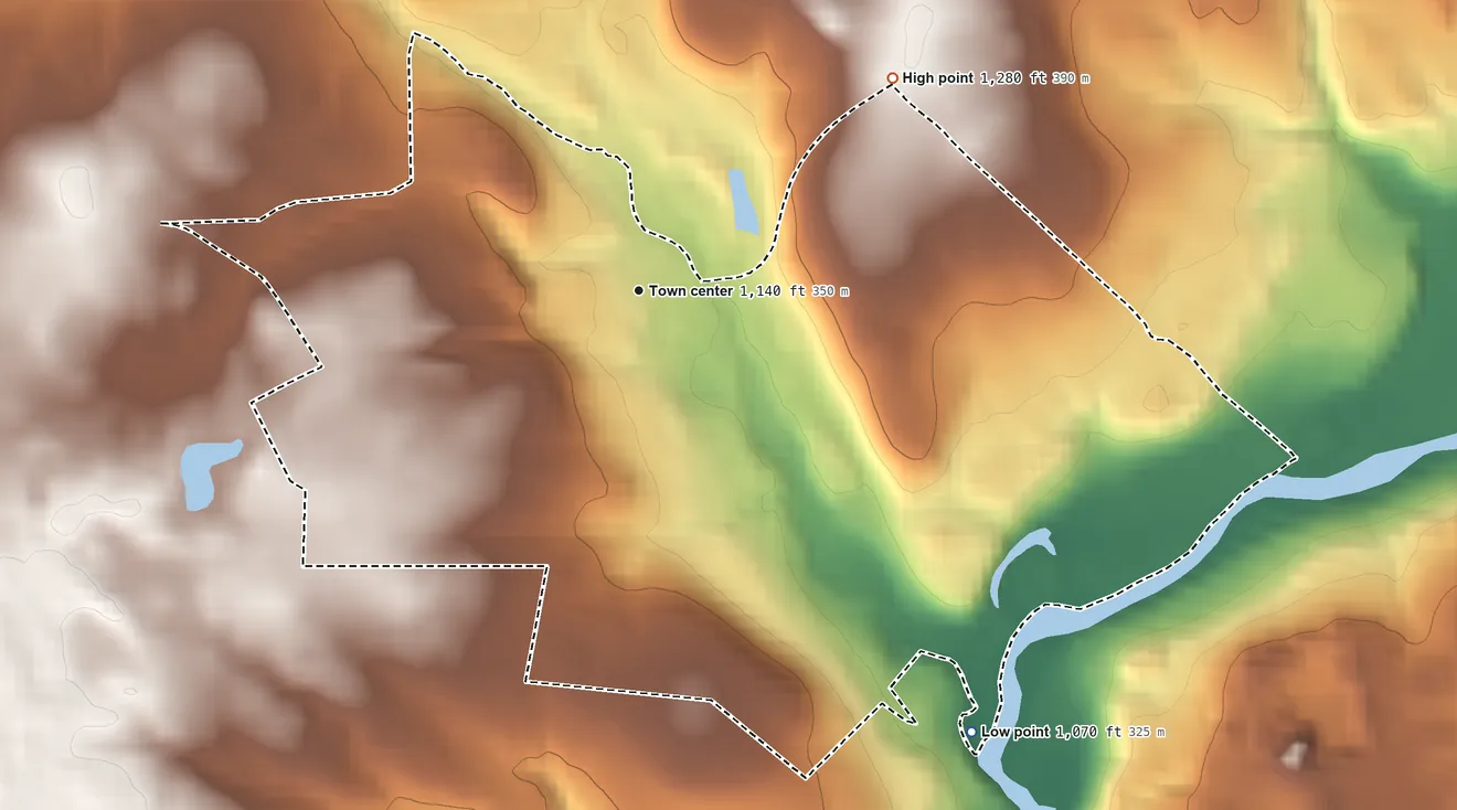 Topographic elevation map of Harlansburg, Pennsylvania, shaded from 1,070 ft on the southeast side to 1,280 ft on the northeast side