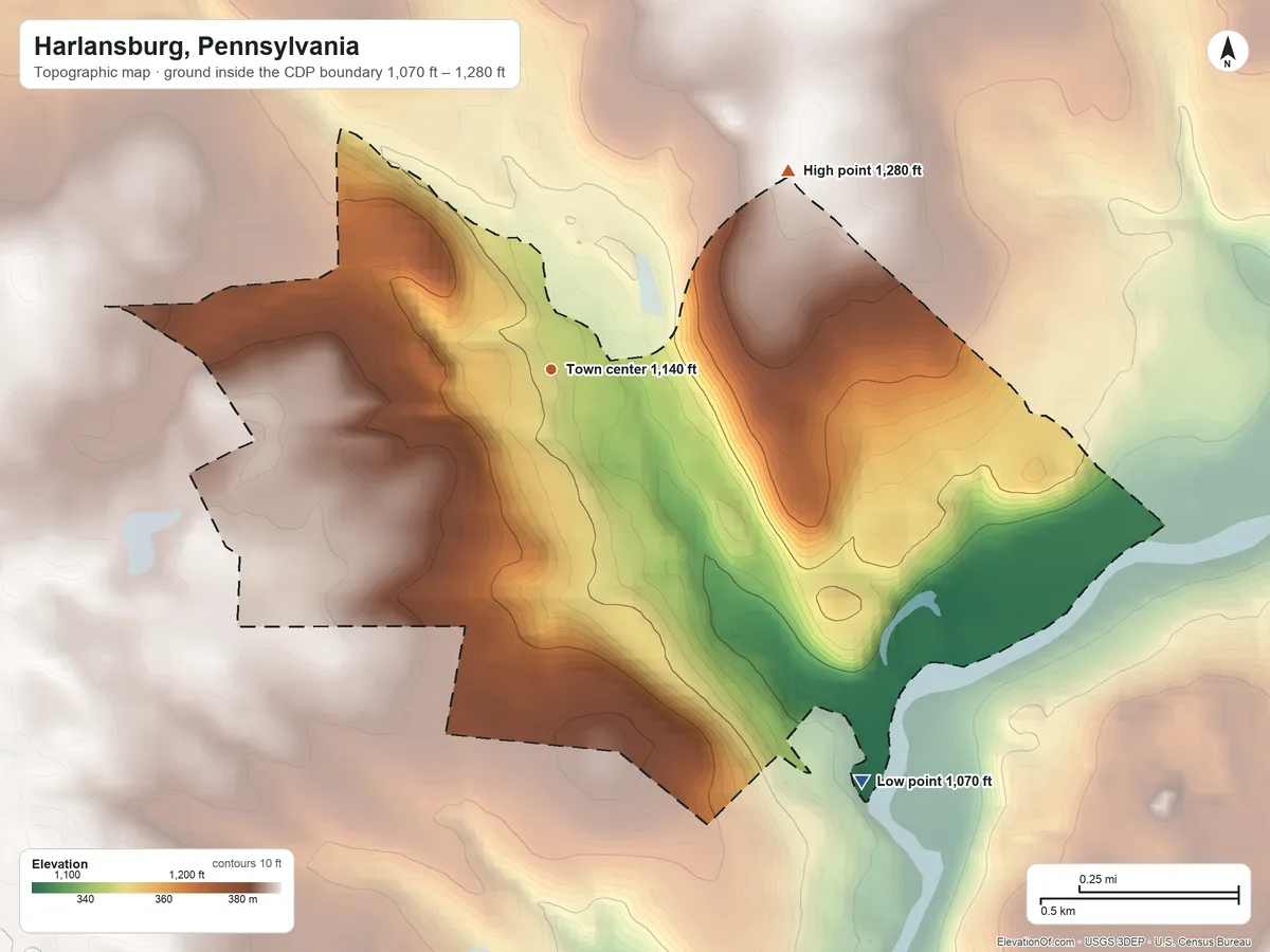 Topographic elevation map of Harlansburg, Pennsylvania, shaded from 1,070 ft on the southeast side to 1,280 ft on the northeast side