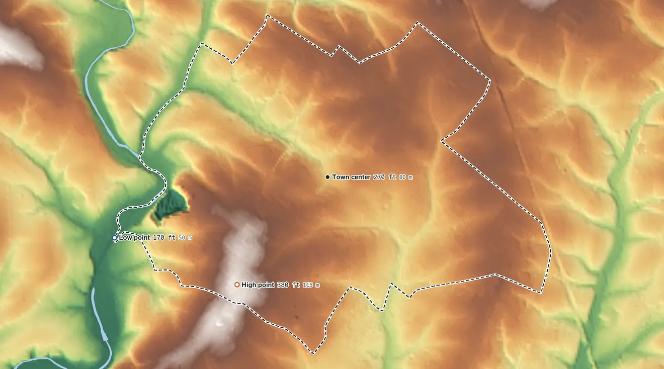 Topographic elevation map of Harleysville, Pennsylvania, shaded from 170 ft on the west side to 380 ft on the southwest side