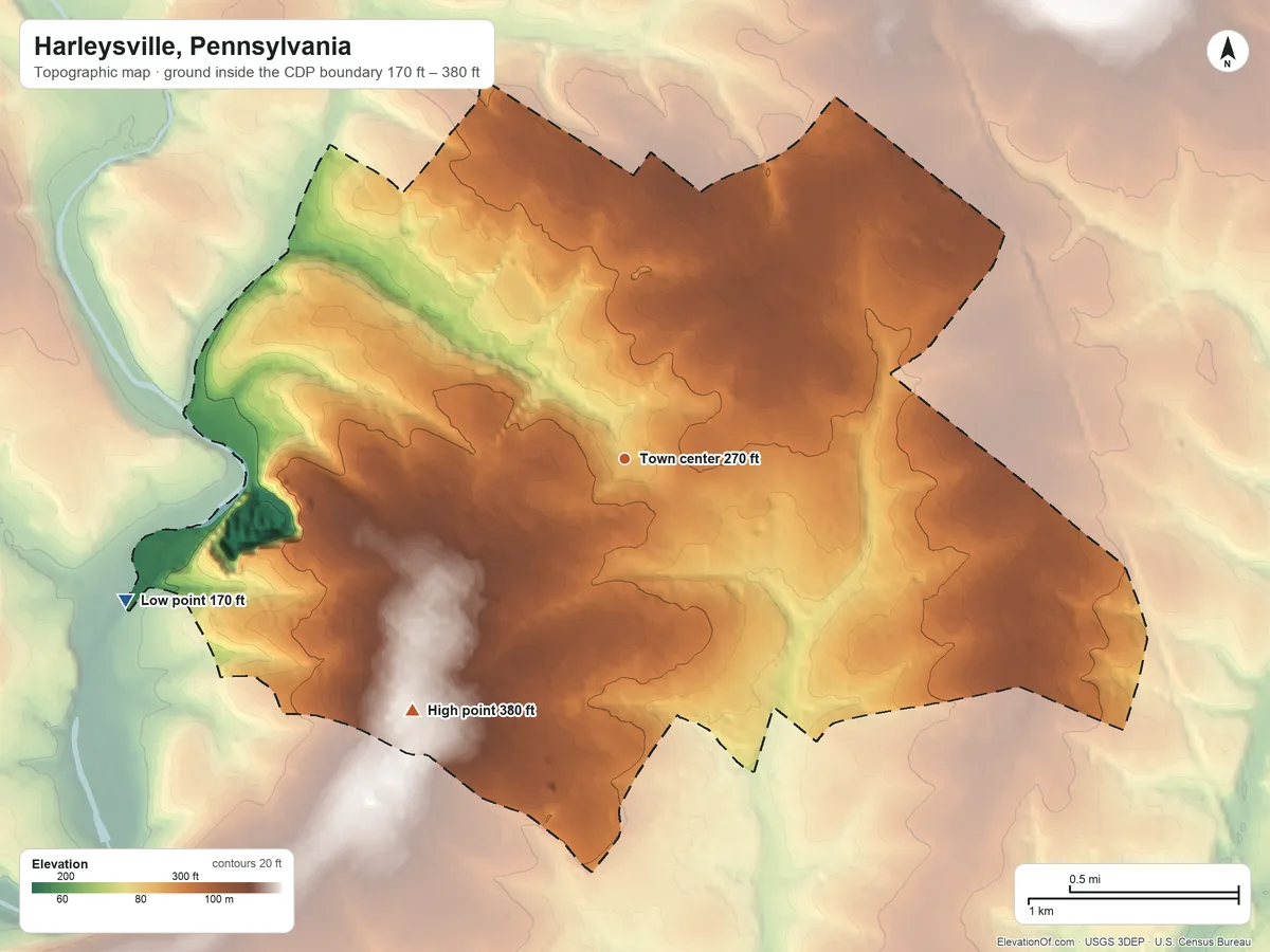 Topographic elevation map of Harleysville, Pennsylvania, shaded from 170 ft on the west side to 380 ft on the southwest side