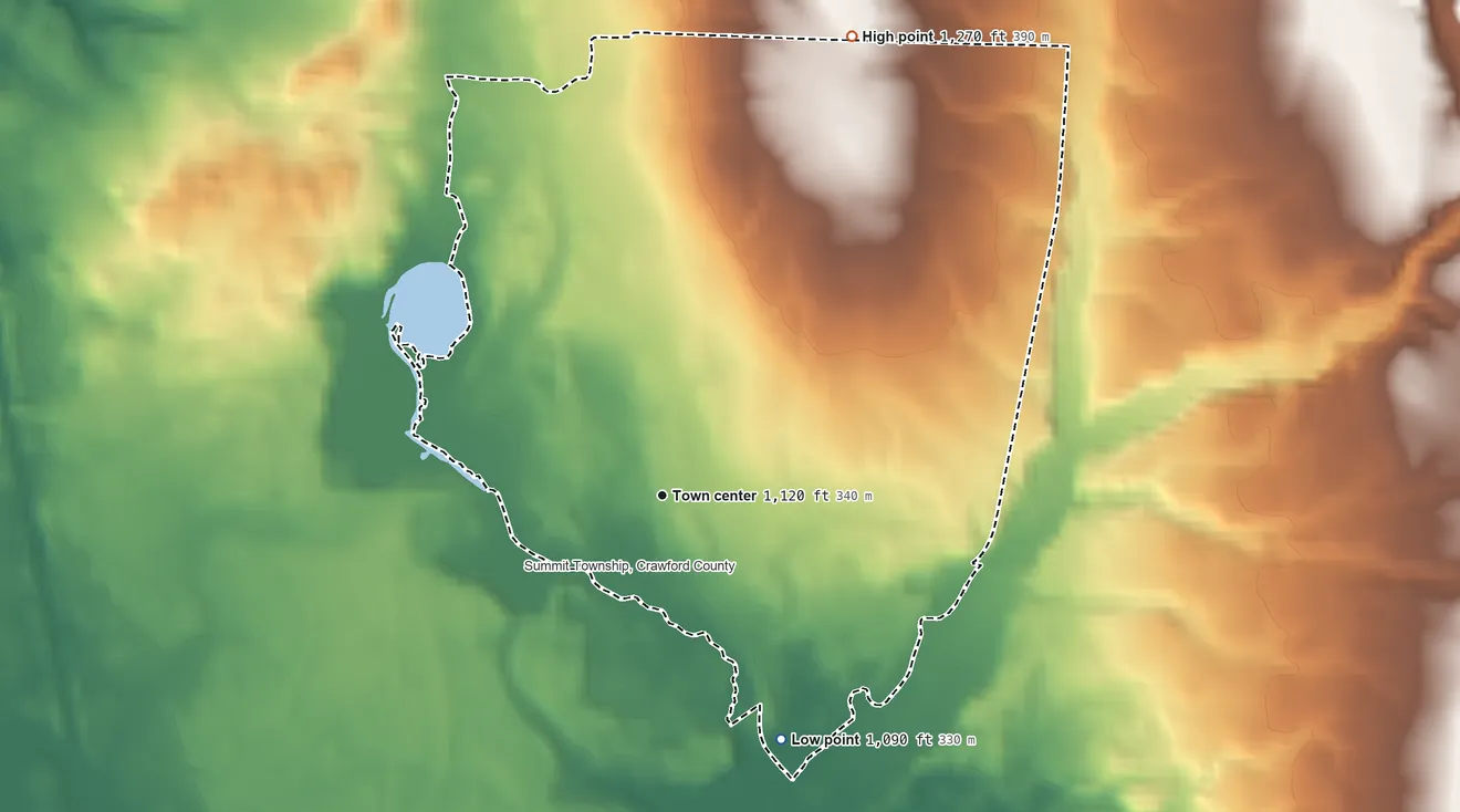 Topographic elevation map of Harmonsburg, Pennsylvania, shaded from 1,090 ft on the southeast side to 1,270 ft on the north side