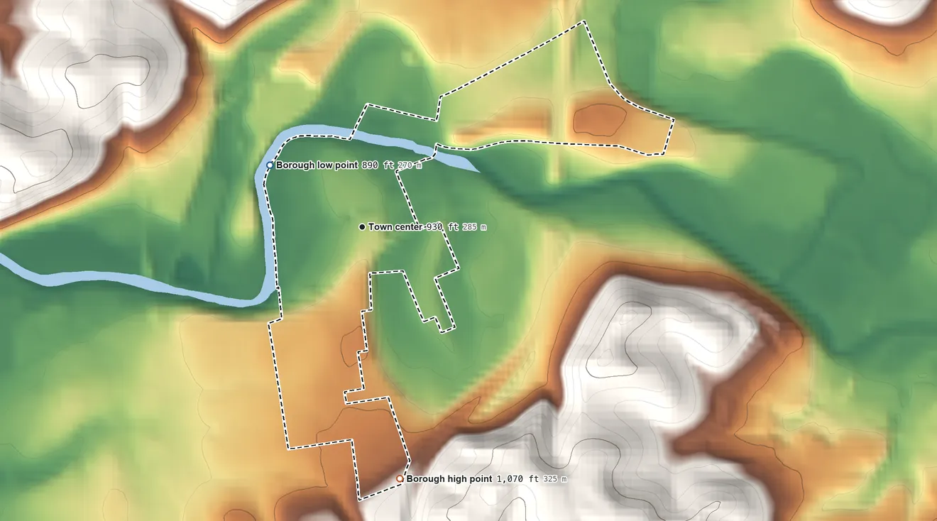 Topographic elevation map of Harmony, Pennsylvania, shaded from 890 ft on the northwest side to 1,070 ft on the south side