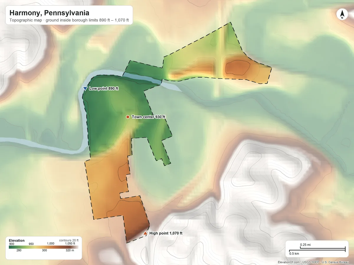 Topographic elevation map of Harmony, Pennsylvania, shaded from 890 ft on the northwest side to 1,070 ft on the south side