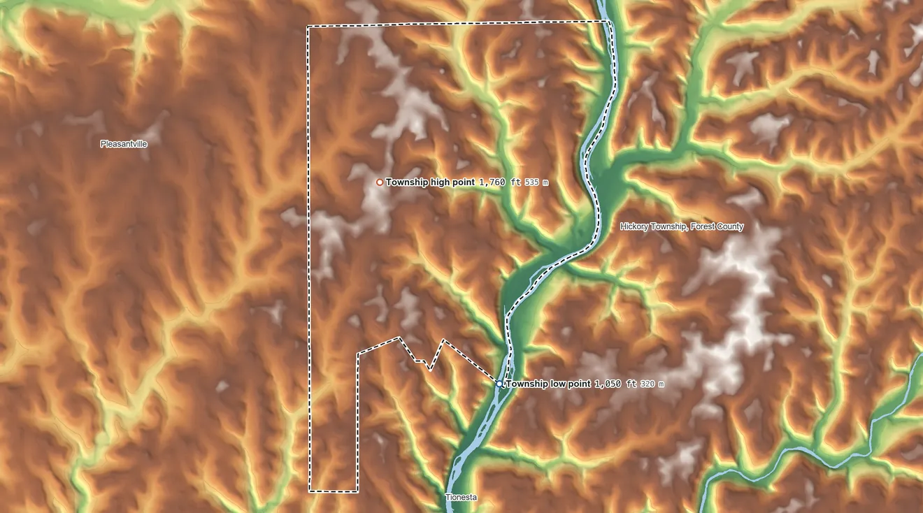 Topographic elevation map of Harmony Township, Forest County, Pennsylvania, shaded from 1,050 ft on the south side to 1,760 ft on the northwest side