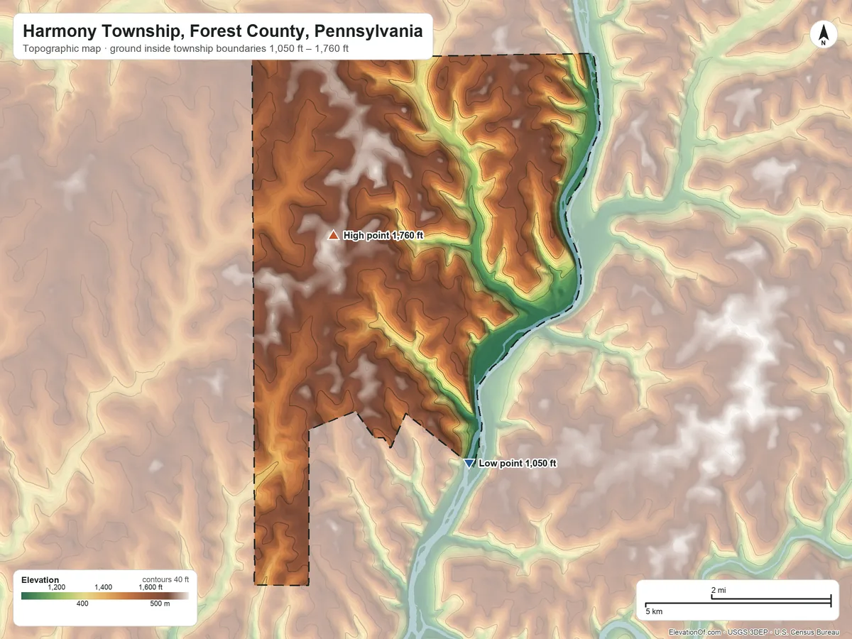 Topographic elevation map of Harmony Township, Forest County, Pennsylvania, shaded from 1,050 ft on the south side to 1,760 ft on the northwest side
