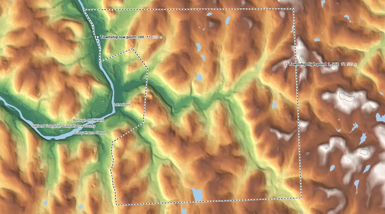 Topographic elevation map of Harmony Township, Susquehanna County, Pennsylvania, shaded from 900 ft on the northwest side to 1,960 ft on the east side