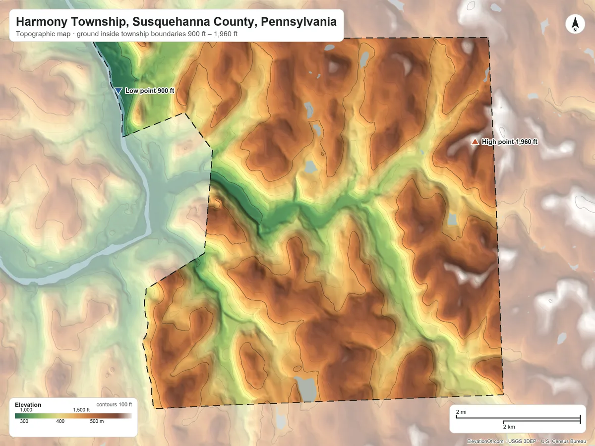 Topographic elevation map of Harmony Township, Susquehanna County, Pennsylvania, shaded from 900 ft on the northwest side to 1,960 ft on the east side