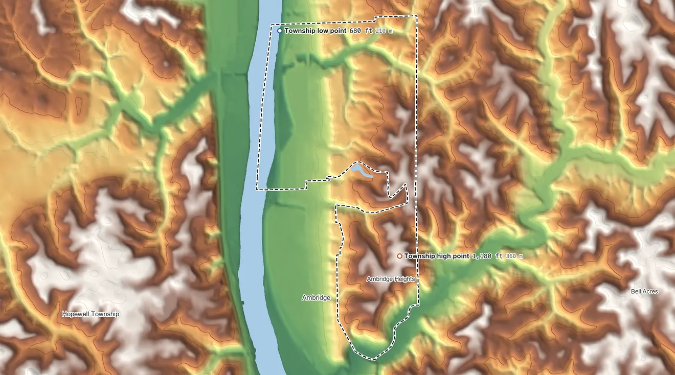 Topographic elevation map of Harmony Township, Pennsylvania, shaded from 680 ft on the northwest side to 1,180 ft on the southeast side