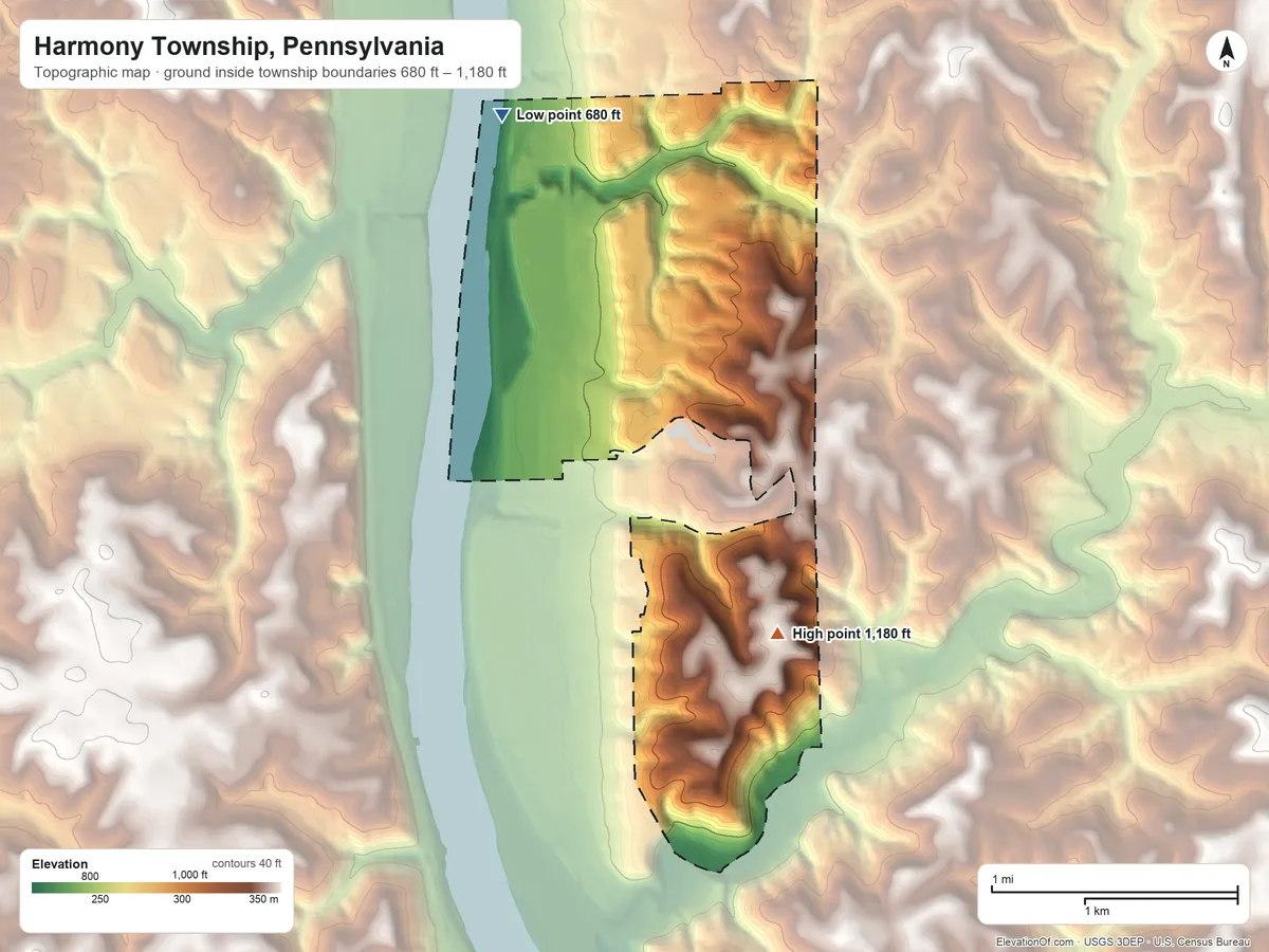 Topographic elevation map of Harmony Township, Pennsylvania, shaded from 680 ft on the northwest side to 1,180 ft on the southeast side