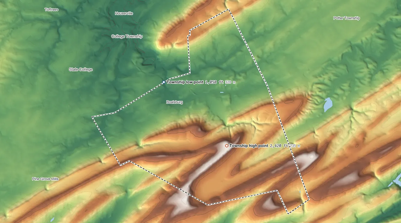 Topographic elevation map of Harris Township, Pennsylvania, shaded from 1,050 ft on the northwest side to 2,420 ft on the southeast side