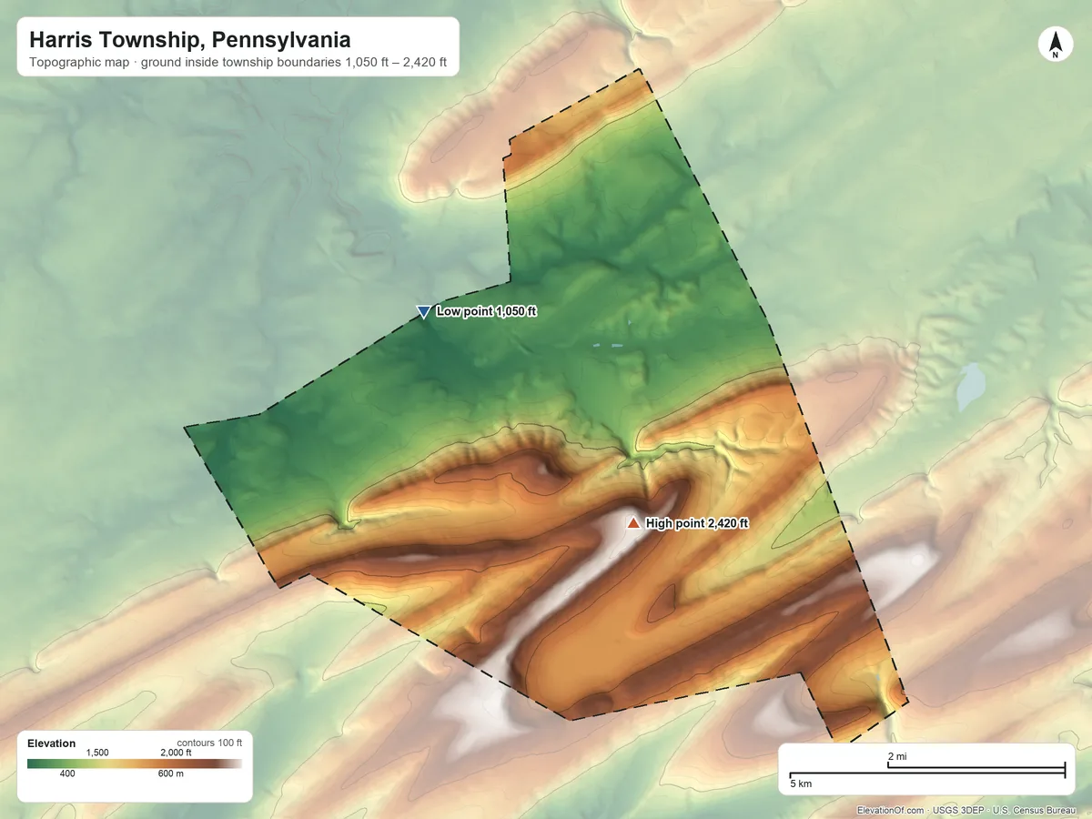 Topographic elevation map of Harris Township, Pennsylvania, shaded from 1,050 ft on the northwest side to 2,420 ft on the southeast side