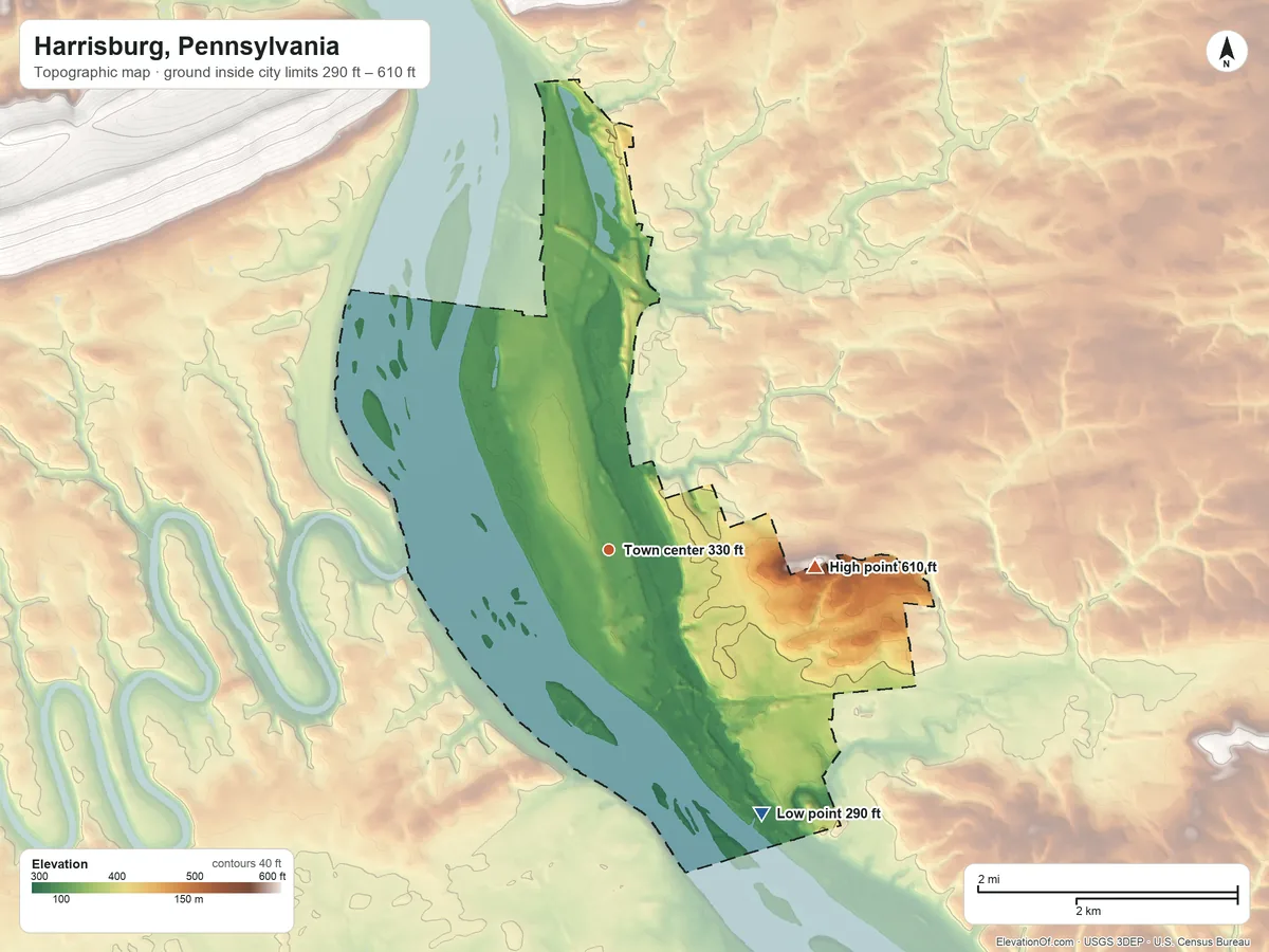 Topographic elevation map of Harrisburg, Pennsylvania, shaded from 290 ft on the southeast side to 610 ft on the east side