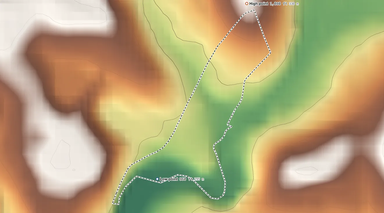 Topographic elevation map of Harrison City, Pennsylvania, shaded from 960 ft on the southwest side to 1,080 ft on the north side