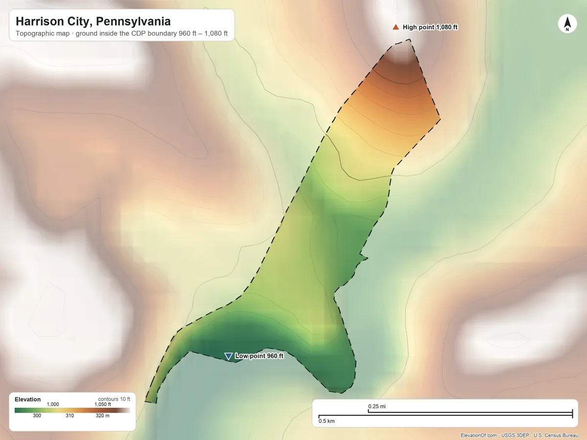 Topographic elevation map of Harrison City, Pennsylvania, shaded from 960 ft on the southwest side to 1,080 ft on the north side