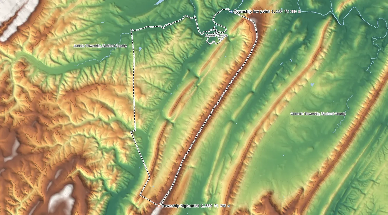 Topographic elevation map of Harrison Township, Bedford County, Pennsylvania, shaded from 1,110 ft on the northeast side to 2,580 ft on the south side
