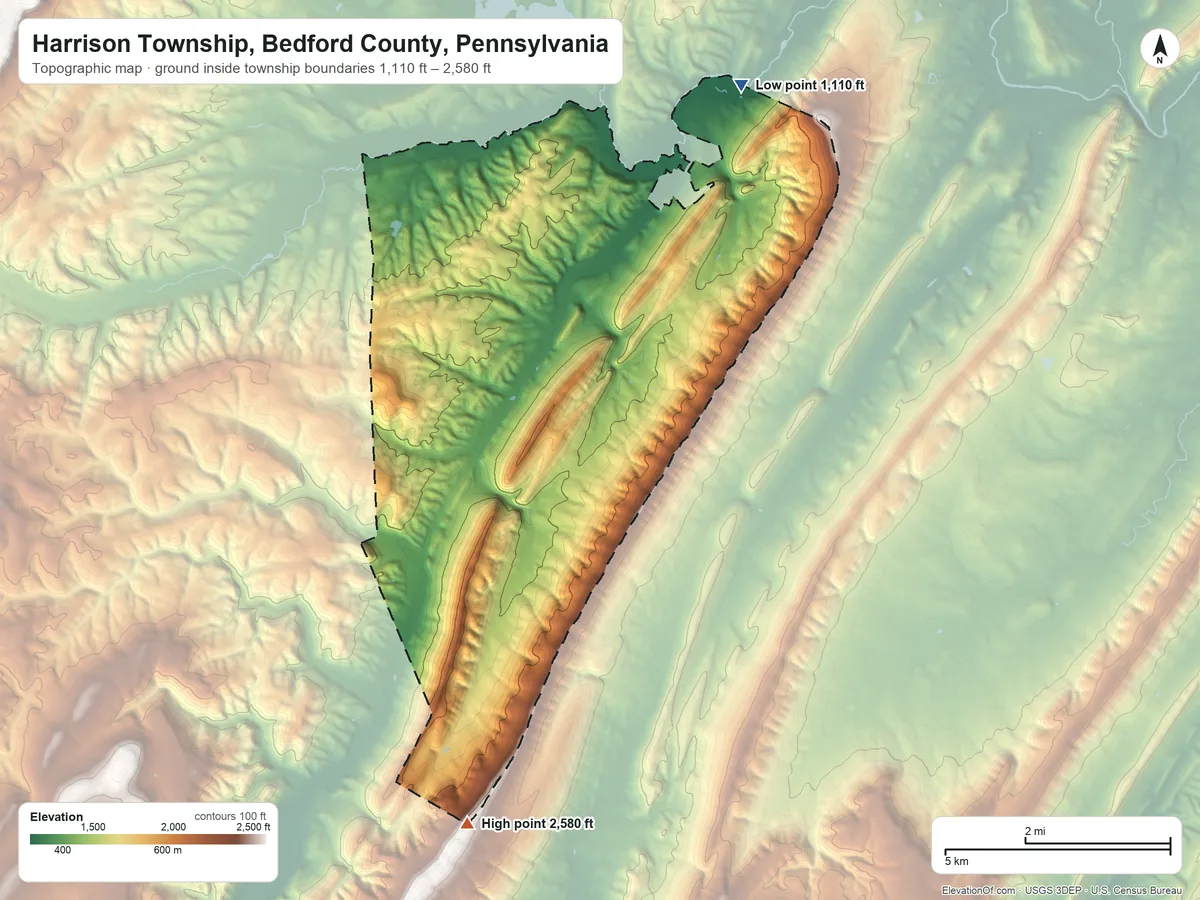 Topographic elevation map of Harrison Township, Bedford County, Pennsylvania, shaded from 1,110 ft on the northeast side to 2,580 ft on the south side