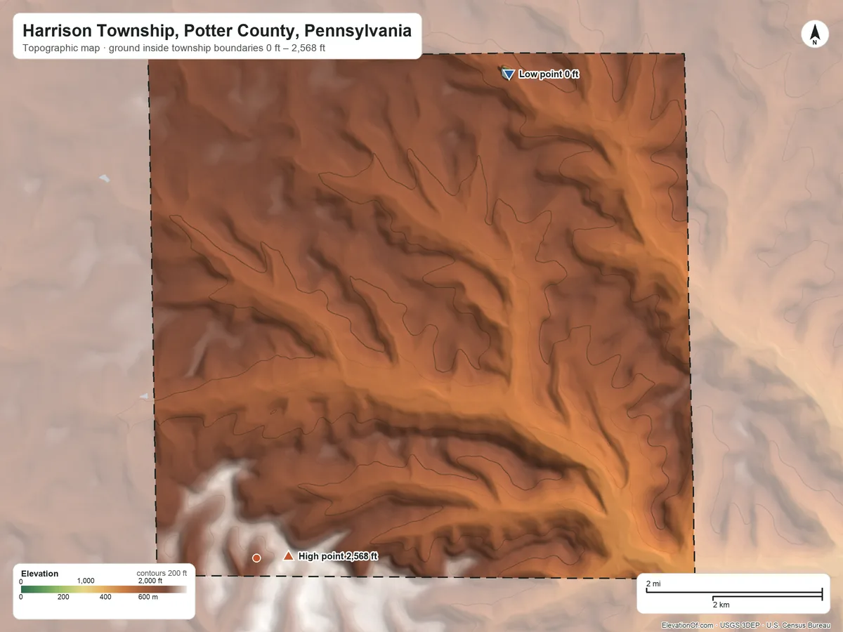 Topographic elevation map of Harrison Township, Potter County, Pennsylvania, shaded from 0 ft on the northeast side to 2,568 ft on White Knoll