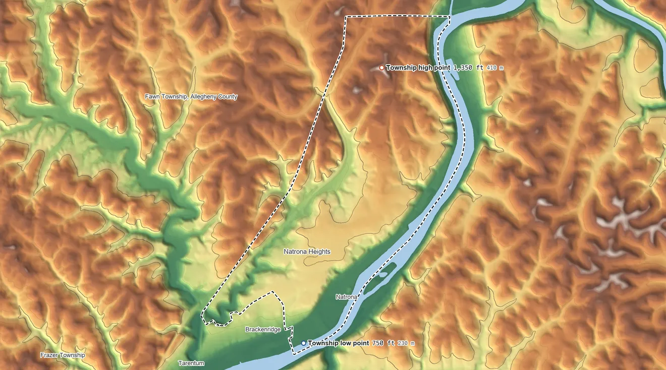 Topographic elevation map of Harrison Township, Pennsylvania, shaded from 750 ft on the south side to 1,350 ft on the north side