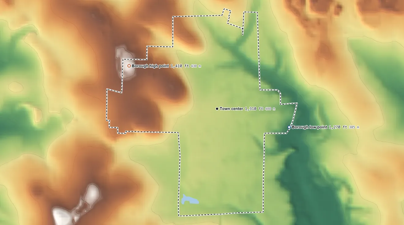 Topographic elevation map of Harrisville, Pennsylvania, shaded from 1,270 ft on the east side to 1,410 ft on the northwest side
