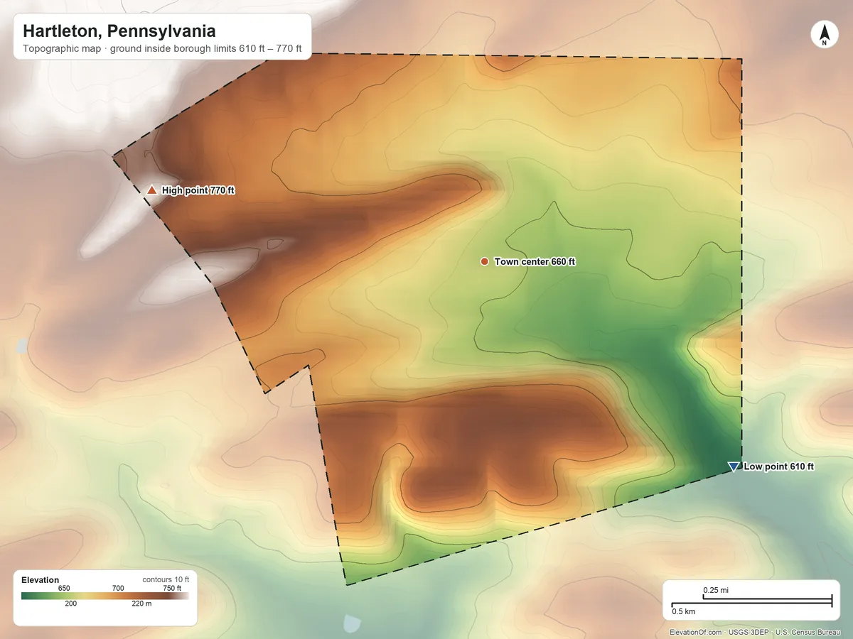 Topographic elevation map of Hartleton, Pennsylvania, shaded from 610 ft on the southeast side to 770 ft on the west side