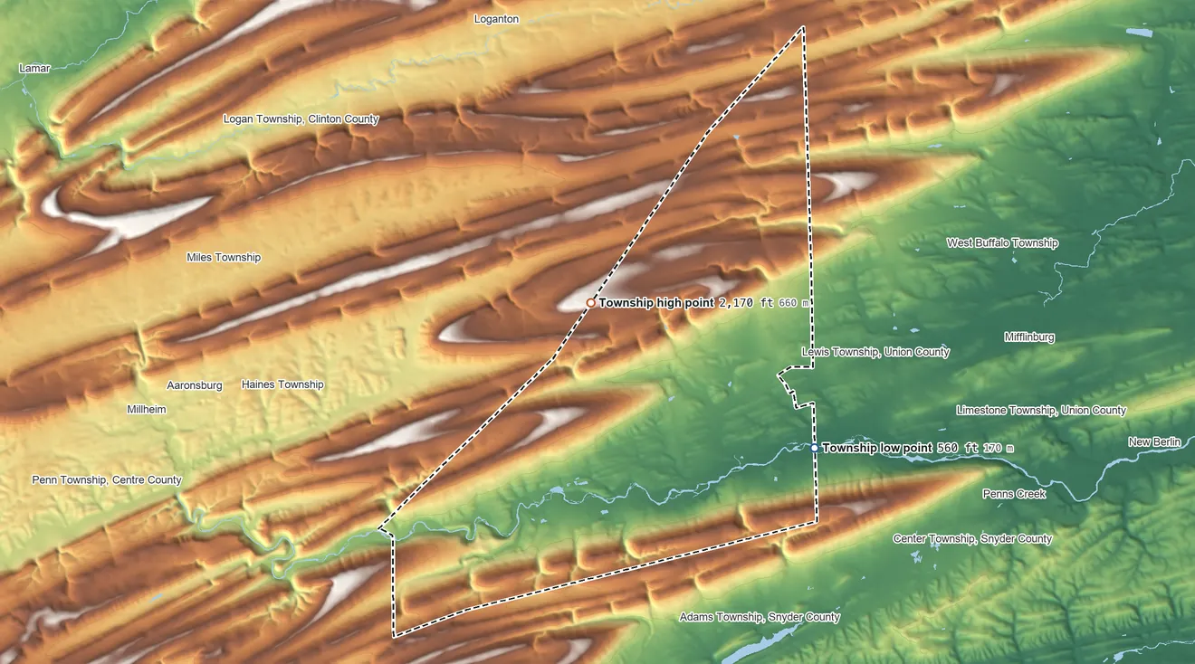Topographic elevation map of Hartley Township, Pennsylvania, shaded from 560 ft on the east side to 2,170 ft on the northwest side