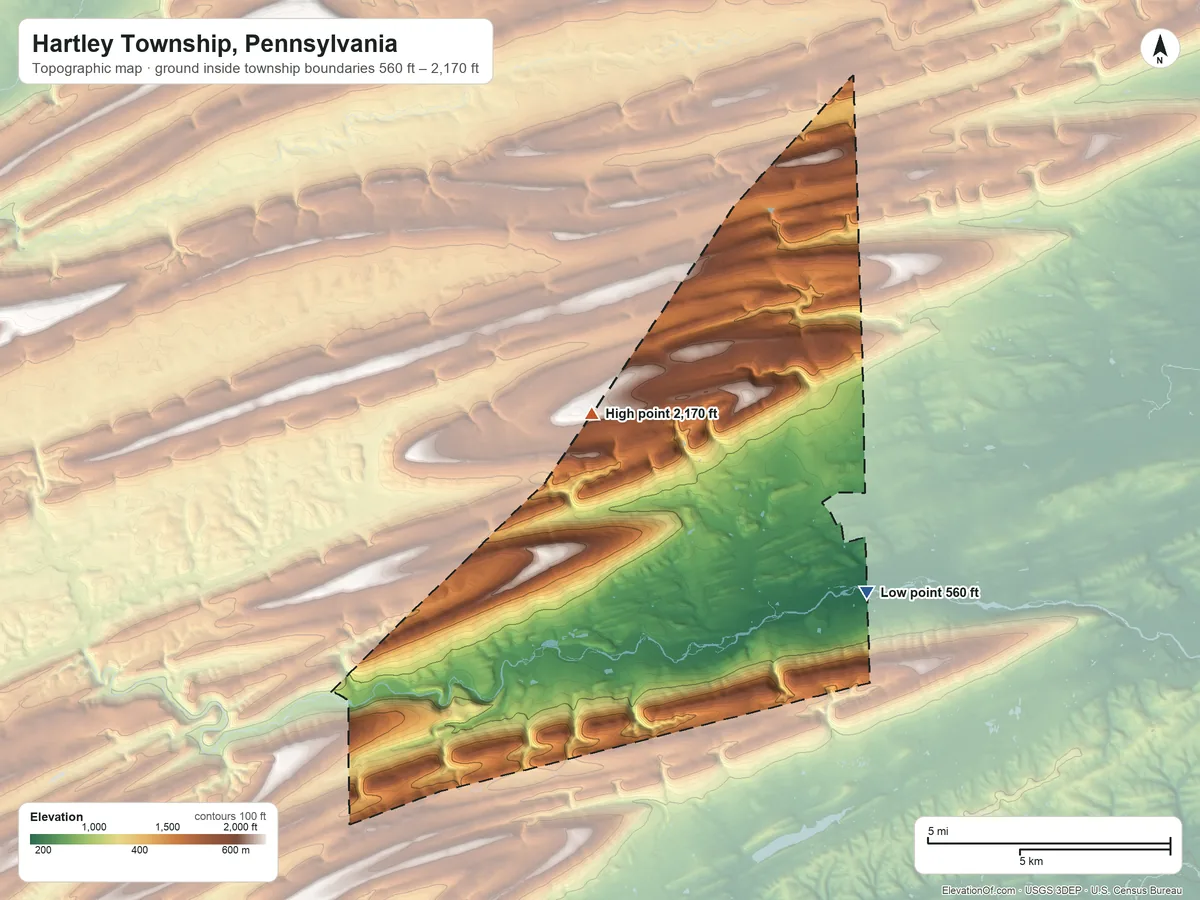 Topographic elevation map of Hartley Township, Pennsylvania, shaded from 560 ft on the east side to 2,170 ft on the northwest side