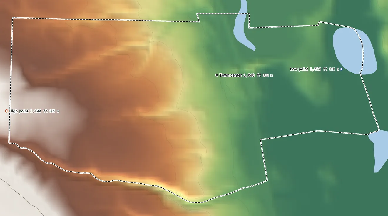 Topographic elevation map of Hartstown, Pennsylvania, shaded from 1,020 ft on the east side to 1,190 ft on the west side