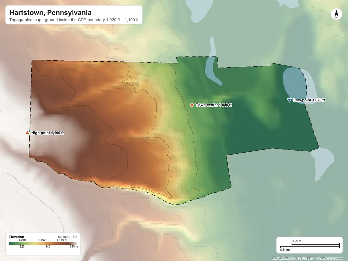 Topographic elevation map of Hartstown, Pennsylvania, shaded from 1,020 ft on the east side to 1,190 ft on the west side