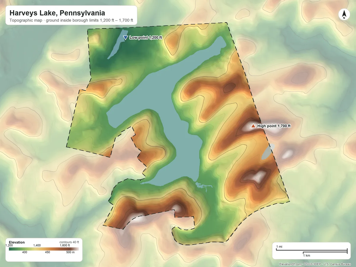 Topographic elevation map of Harveys Lake, Pennsylvania, shaded from 1,200 ft on the north side to 1,700 ft on the east side