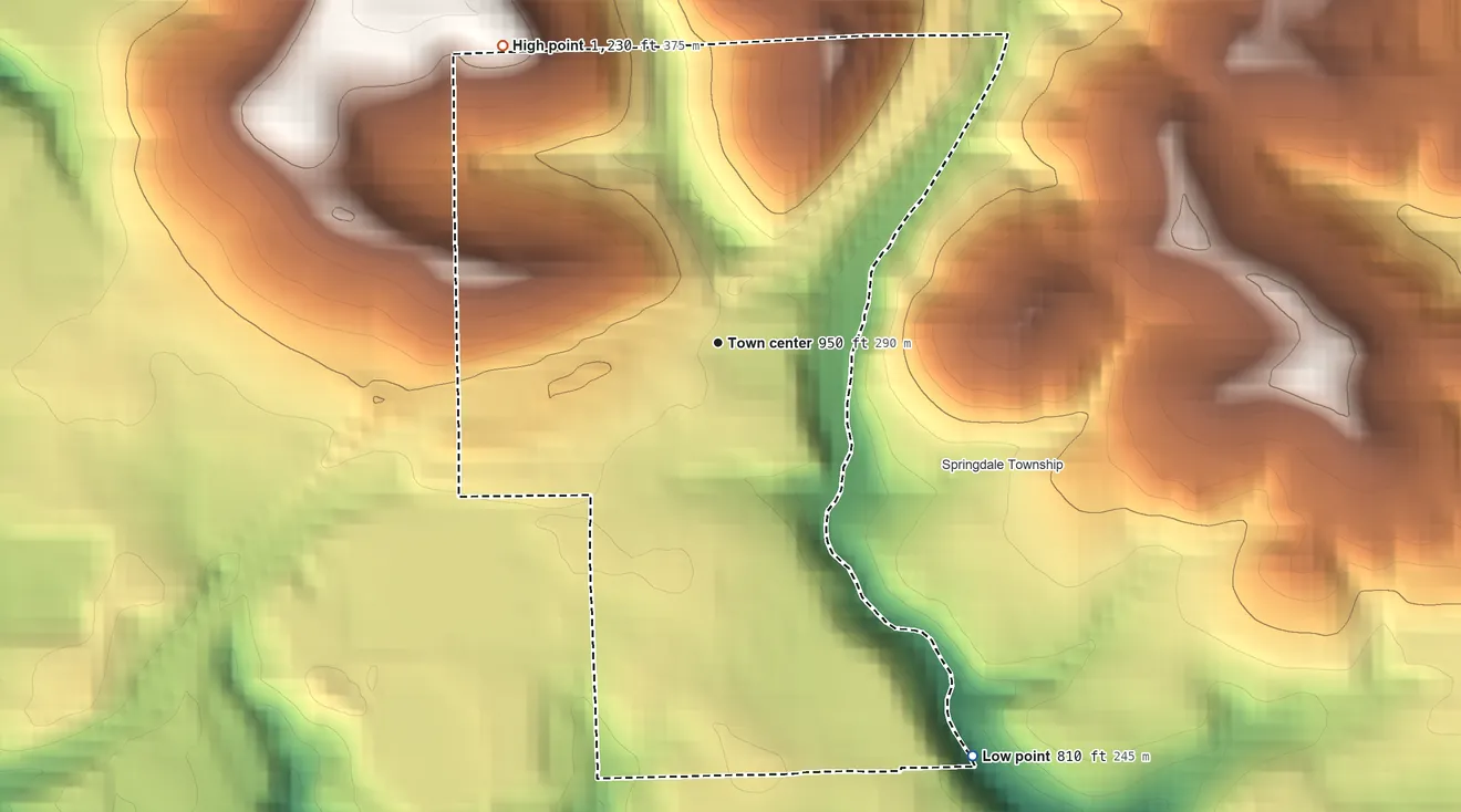 Topographic elevation map of Harwick, Pennsylvania, shaded from 810 ft on the southeast side to 1,230 ft on the northwest side