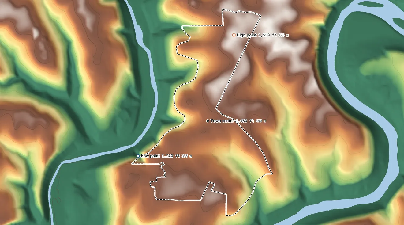 Topographic elevation map of Hasson Heights, Pennsylvania, shaded from 1,220 ft on the southwest side to 1,550 ft on the north side