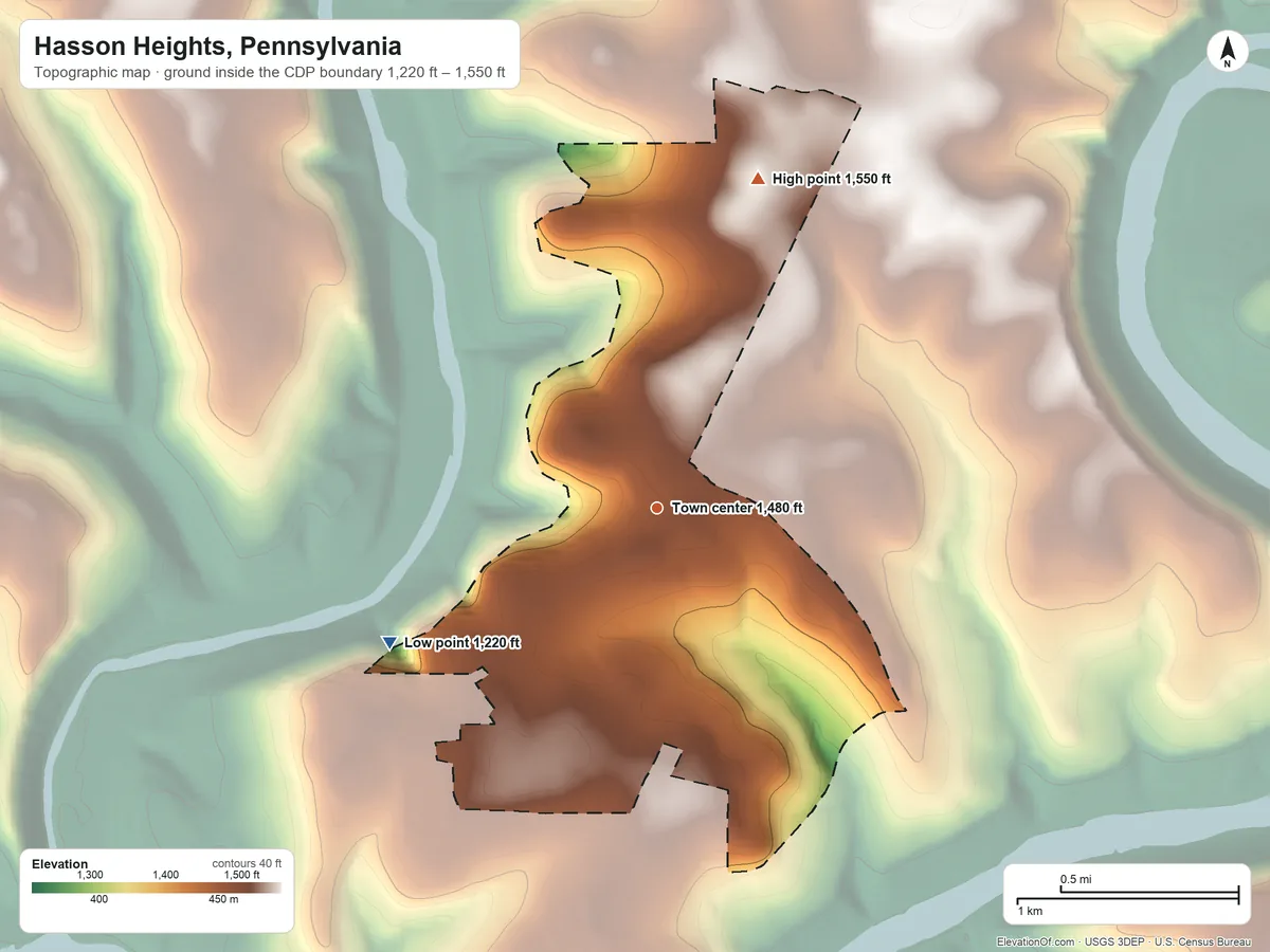 Topographic elevation map of Hasson Heights, Pennsylvania, shaded from 1,220 ft on the southwest side to 1,550 ft on the north side