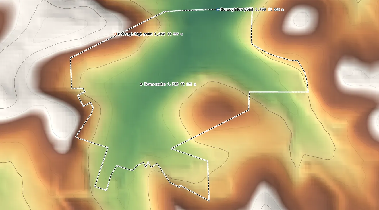 Topographic elevation map of Hastings, Pennsylvania, shaded from 1,700 ft on the northeast side to 1,950 ft on the northwest side