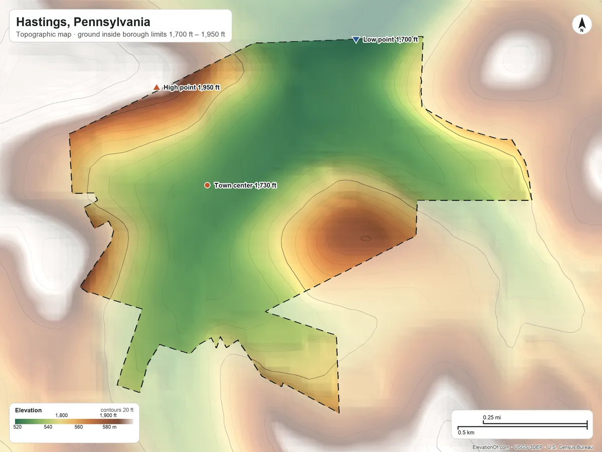 Topographic elevation map of Hastings, Pennsylvania, shaded from 1,700 ft on the northeast side to 1,950 ft on the northwest side