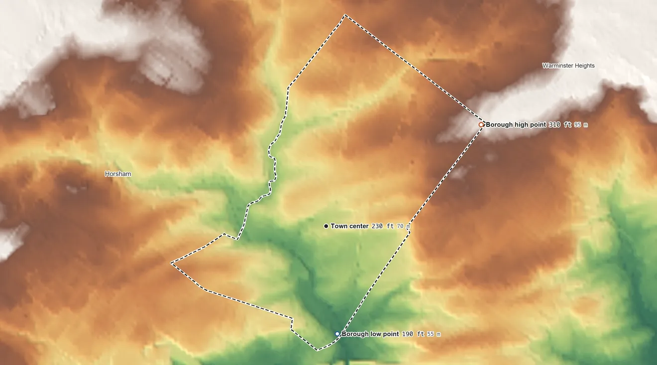 Topographic elevation map of Hatboro, Pennsylvania, shaded from 190 ft on the south side to 310 ft on the northeast side