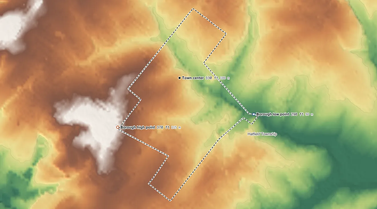 Topographic elevation map of Hatfield, Pennsylvania, shaded from 290 ft on the southeast side to 370 ft on the southwest side