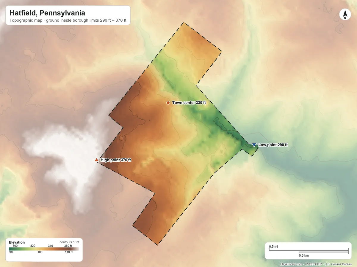Topographic elevation map of Hatfield, Pennsylvania, shaded from 290 ft on the southeast side to 370 ft on the southwest side