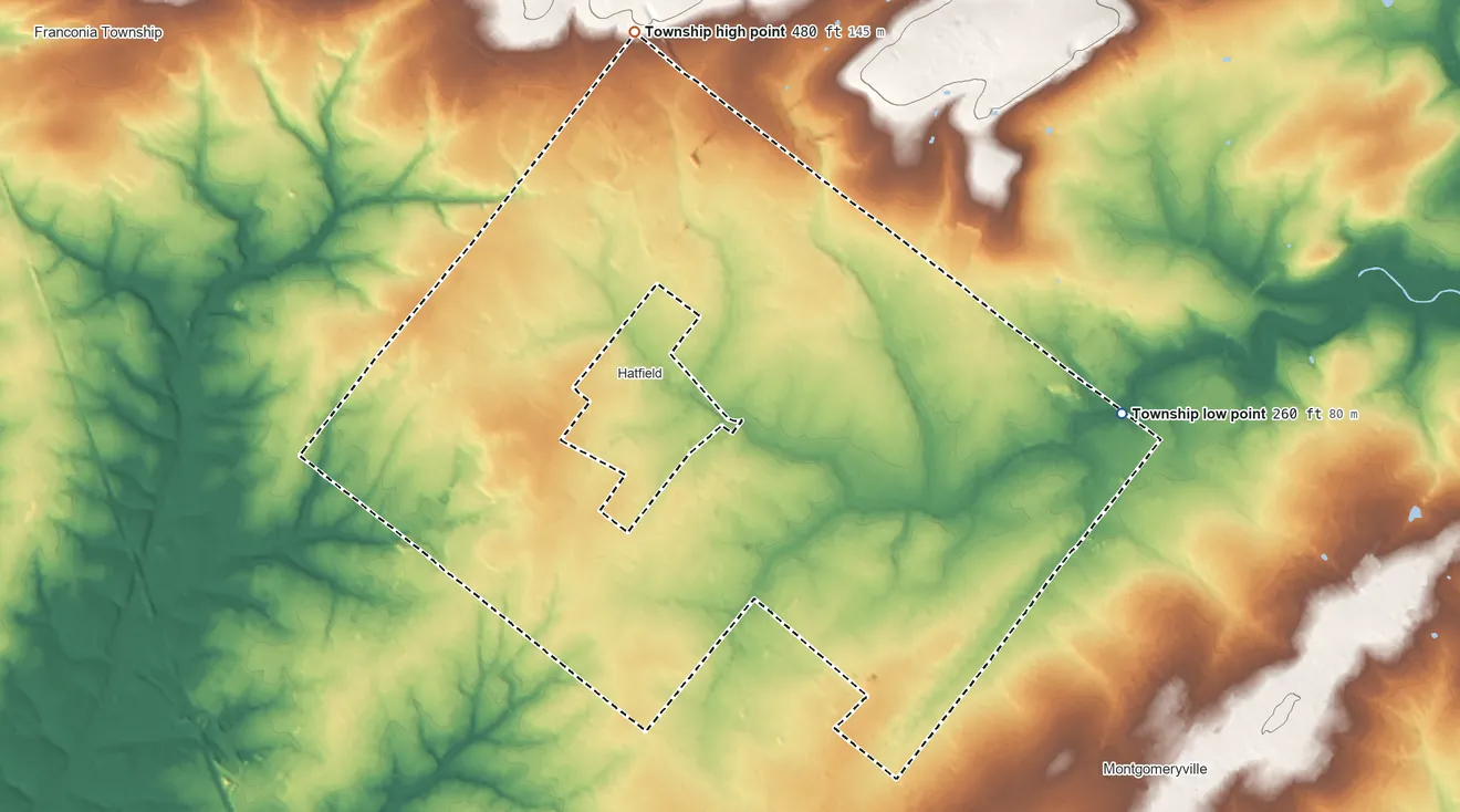 Topographic elevation map of Hatfield Township, Pennsylvania, shaded from 260 ft on the east side to 480 ft on the north side