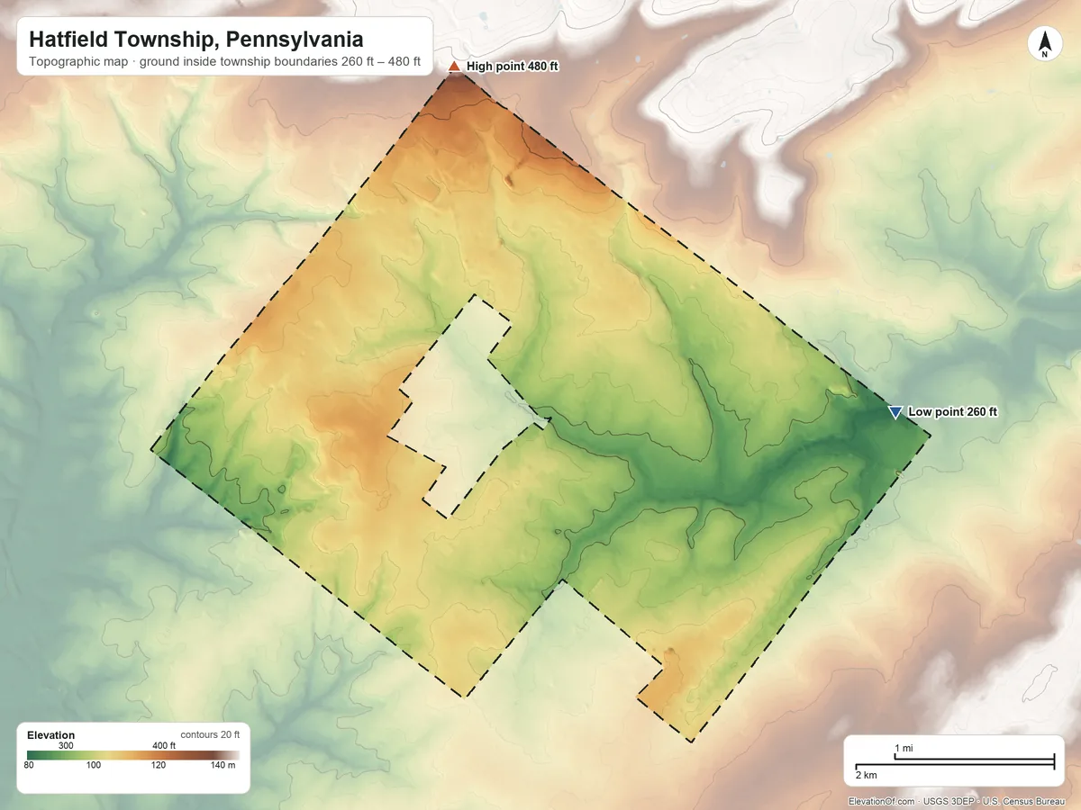 Topographic elevation map of Hatfield Township, Pennsylvania, shaded from 260 ft on the east side to 480 ft on the north side