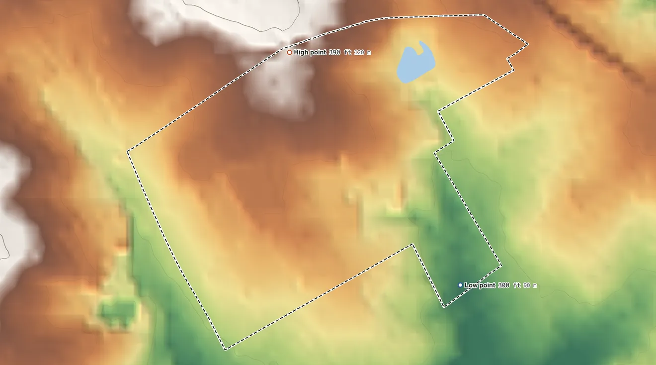 Topographic elevation map of Haverford College, Pennsylvania, shaded from 300 ft on the southeast side to 390 ft on the north side